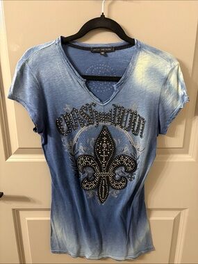 Crash & Burn Blue Short-Sleeve Studded Fleur-de-Lis Tee